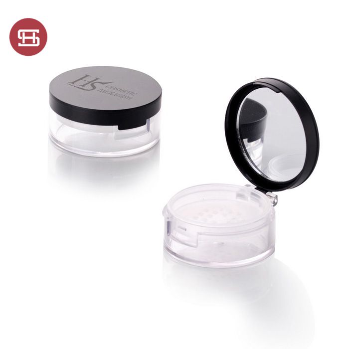 Black round plastic loose powder sifter jar with mirror